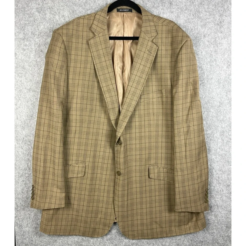 Statement Blazer Vest Waistcoat 2 Piece Set Mens 50L Beige Plaid Wool Italy Made